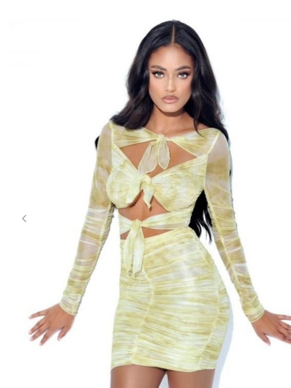 Miss circle women’s Long Sleeve sheer Mini yellow dress new size M